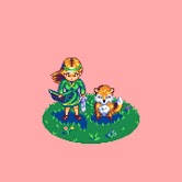 Pixel art sprites of a woman and a fox