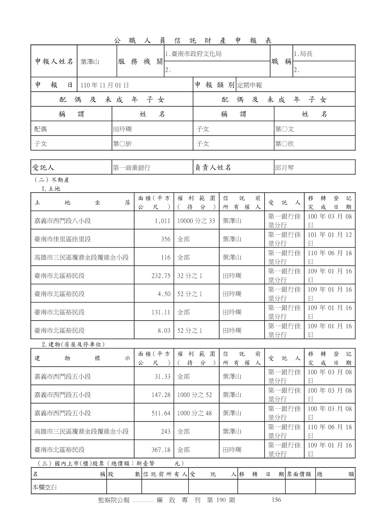 葉澤山-公職人員財產申報資料-廉政專刊第190期