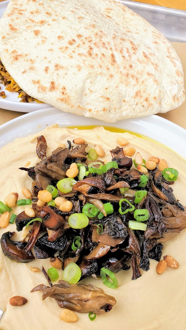 Lil' Shalom Hummus with Things Wild Mushrooms with pine nuts, green onions, harissa