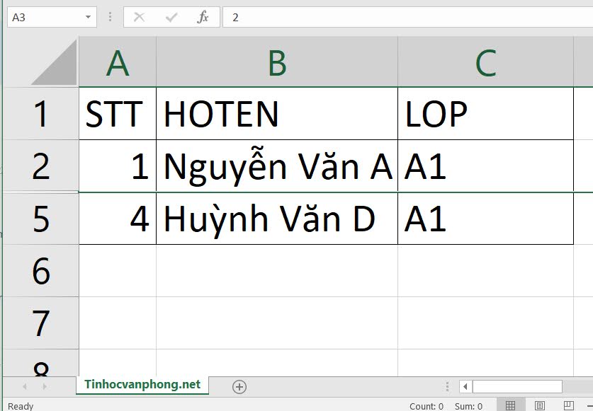 Kết quả sau khi ẩn hàng trong excel