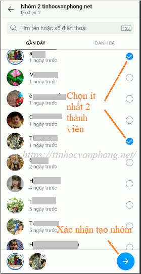 Chọn thành viên và xác nhận tạo nhóm