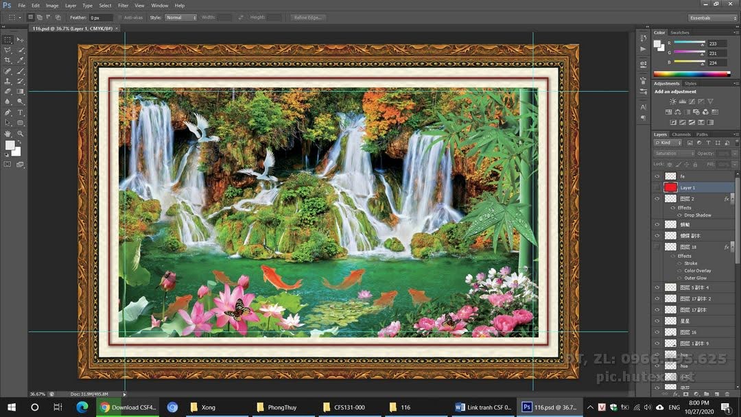 File Tranh Thác Nước Phong Thủy - file gốc tranh phong cảnh in deco lụa kính 3D canvas