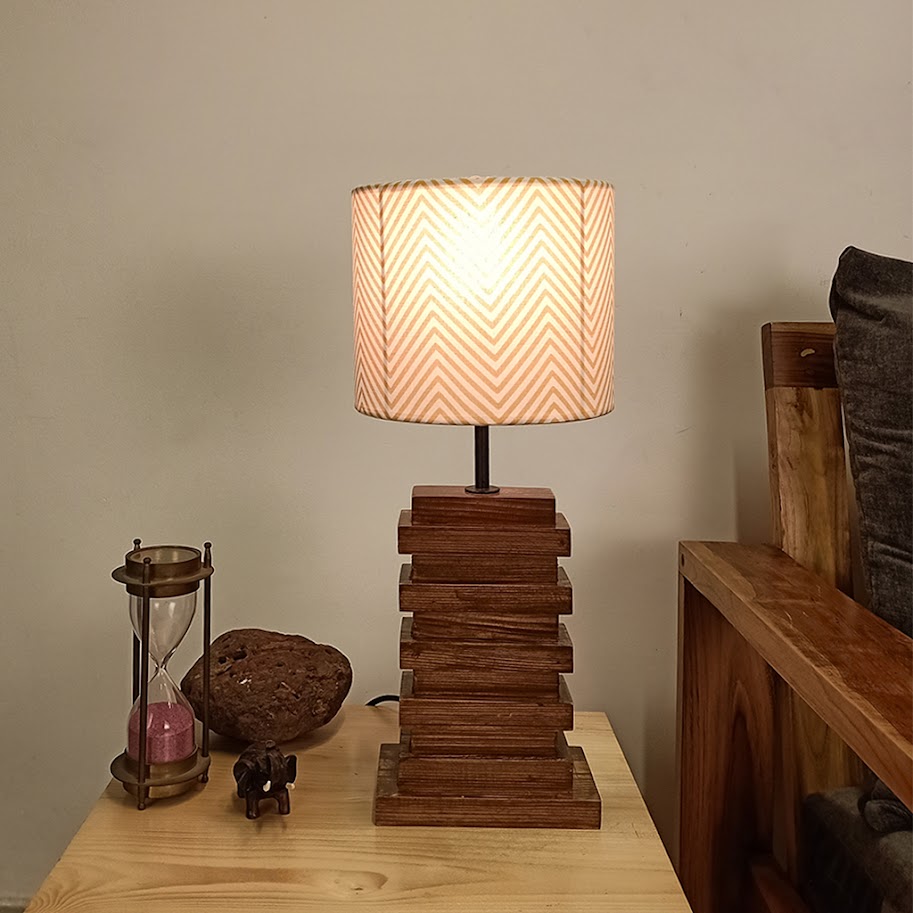 Truffle Brown Wooden Table Lamp with Yellow Printed Fabric Lampshade