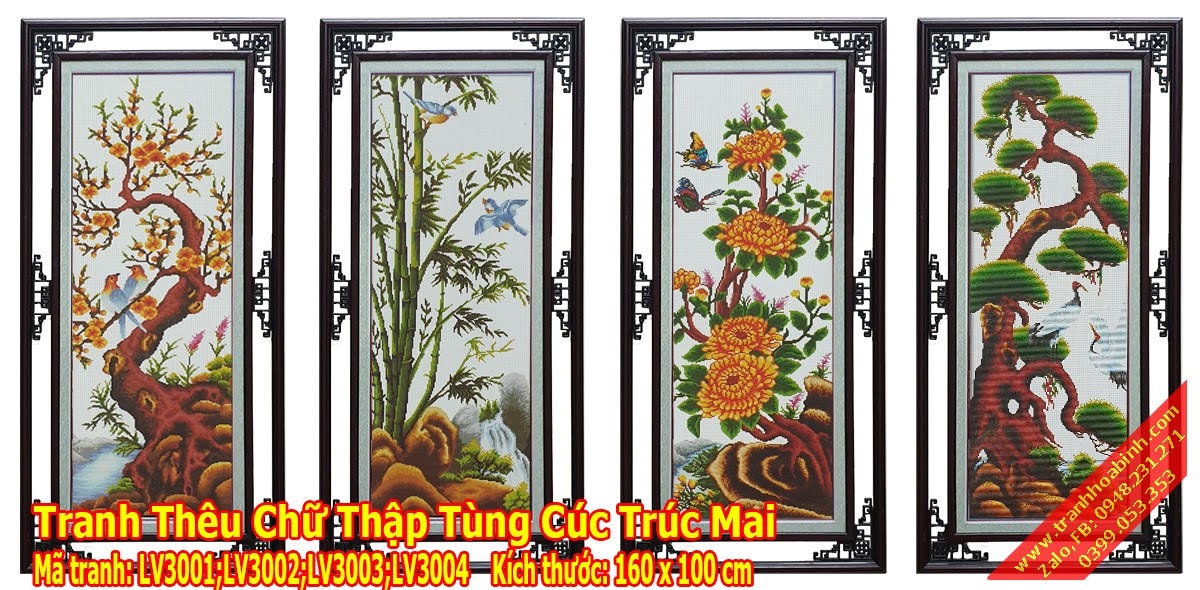 Tranh thêu chữ thập tứ quý Tùng Cúc Trúc Mai