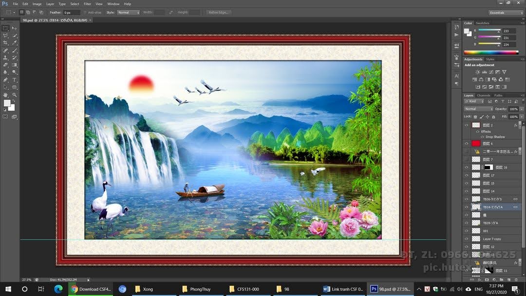 File Tranh Non Nước Hữu Tình 98 - file gốc tranh phong thủy in deco lụa kính 3D canvas