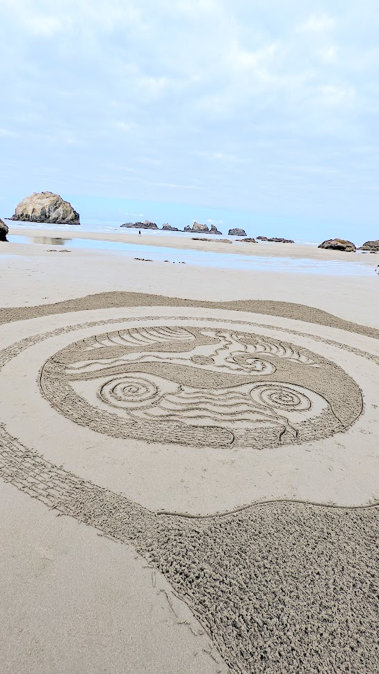 Circles in the Sand at the Oregon Coast - looking down at the labyrinth from Face Point Scenic Viewpoint in Bandon, draw from June 16 2022