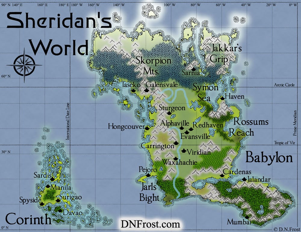 Babylon and Corinth of Sheridan's World, a map commission by D.N.Frost for Stephen Everett www.DNFrost.com/portfolio