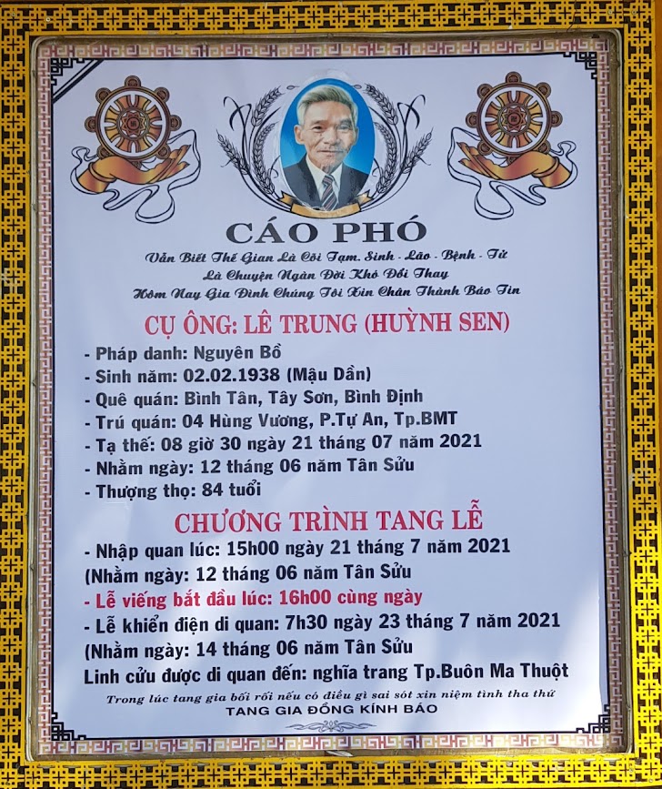 CÁO PHÓ: THÂN PHỤ VS LÊ VĂN HÙNG QUA ĐỜI 21-7-2021 - ANNONCE DU DÉCÈS: LE PAPA DE LÊ VĂN HÙNG EST DÉCÉDÉ 21-7-2021.