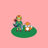 Pixel art sprites of a woman and a fox