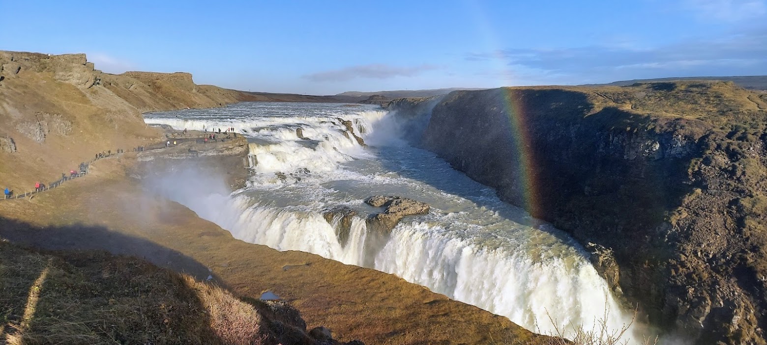 Golden Circle Highlights, Iceland: Gullfoss, or Golden Falls, unique as the waterfall plunges into a gorge so it seems to disappear into the earth