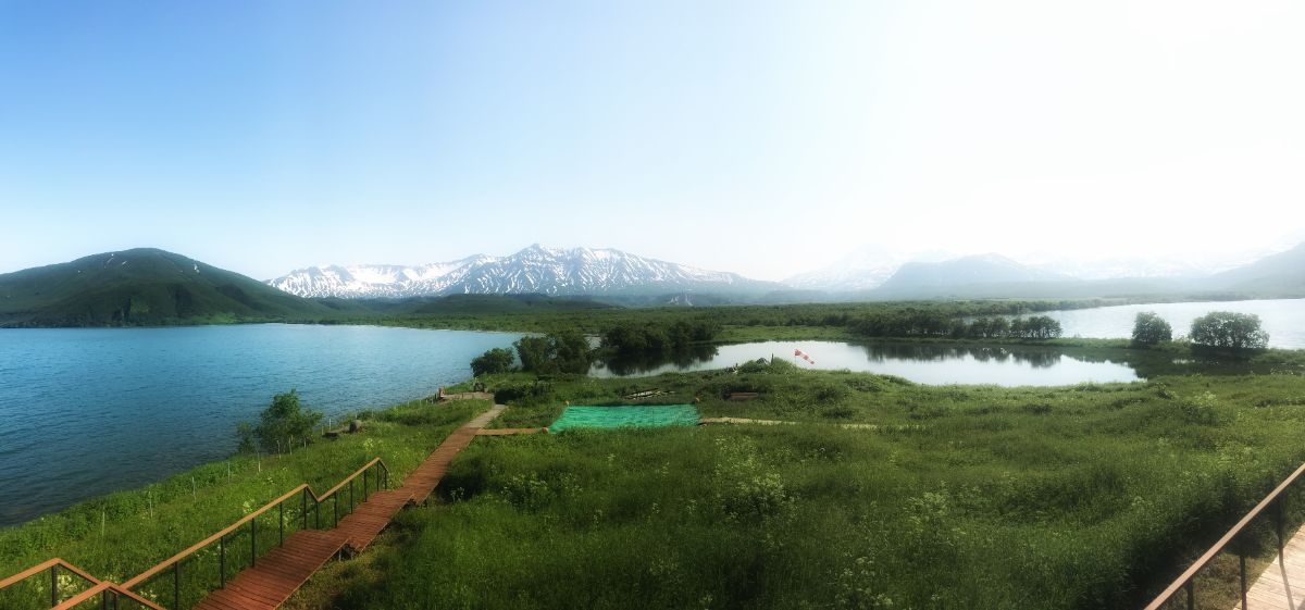 Panoramic view of Etamynk Bay from the ranger station kurile lake kamchatka russia