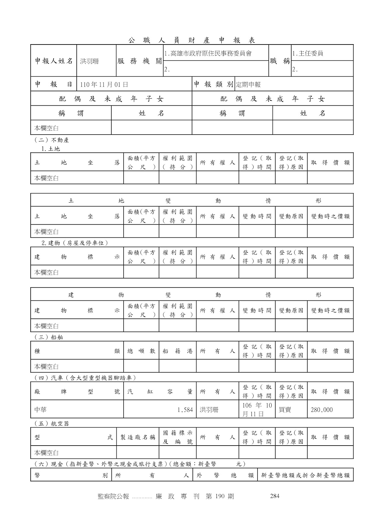 洪羽珊-公職人員財產申報資料-廉政專刊第190期