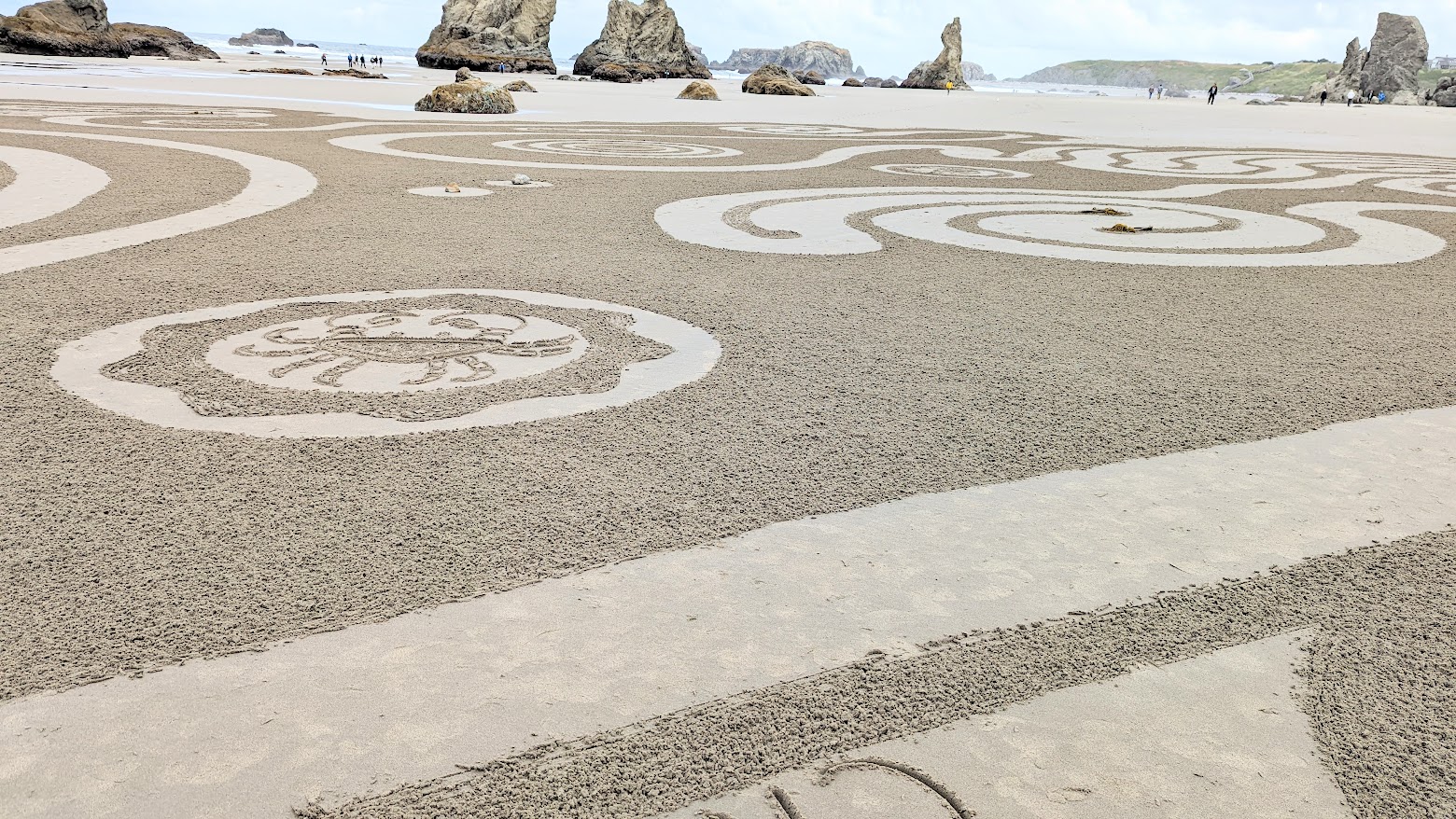 Circles in the Sand at the Oregon Coast - looking down at the labyrinth from Face Point Scenic Viewpoint in Bandon, draw from June 17 2022