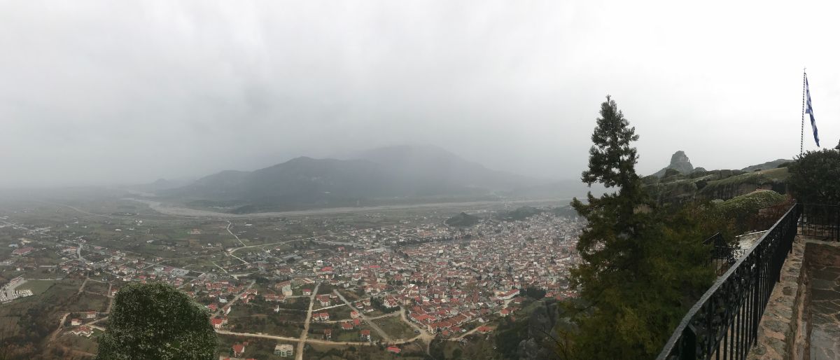 Panoramic view of Kalampaka town and the Peneios River valley from St Stephen's Monastery in meteora