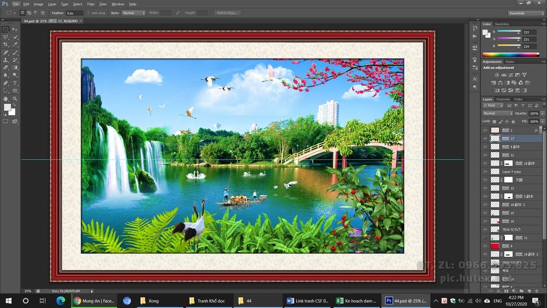 File Tranh Dòng thác Hồ Nước Cây Cầu 44 - File gốc PSD tranh phong cảnh in deco lụa kính 3D canvas