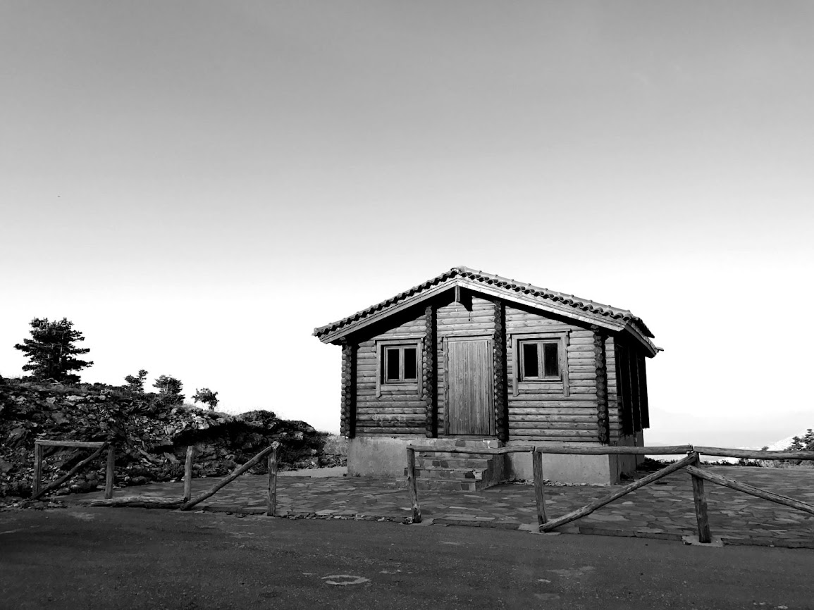 refuge hut on the north side of mount dirfys on euboea island black and white