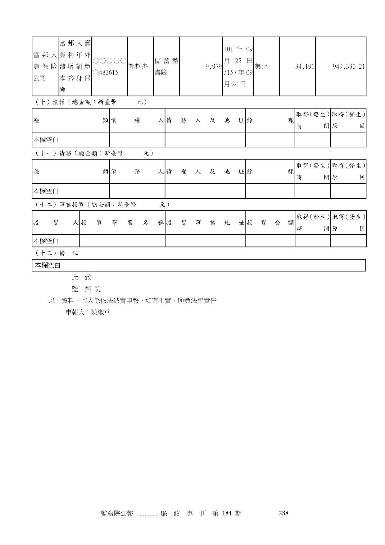 陳淑華-公職人員財產申報資料-廉政專刊第184期