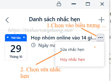 Menu sửa nhắc hẹn