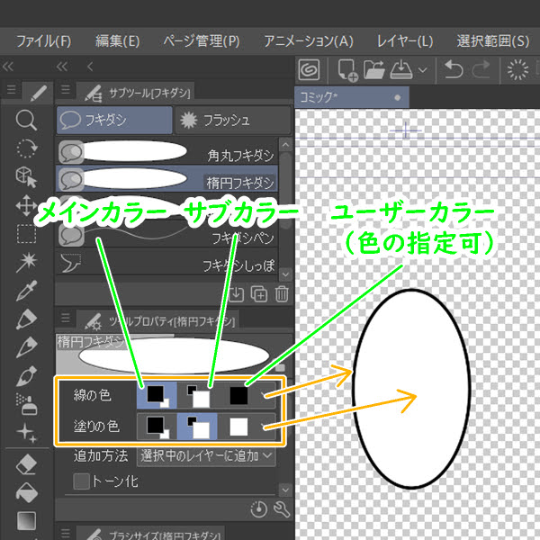 クリスタ「フキダシツール」（線の色・塗りの色）