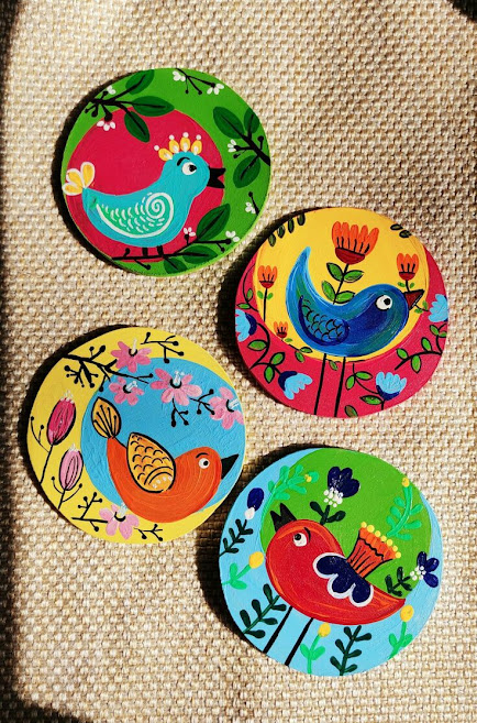 Handpainted Round Plate Folk Art Set of Four on MDF Board