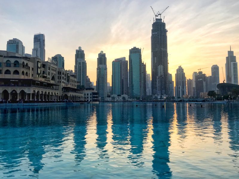 Sunset over the Dubai Mall pond