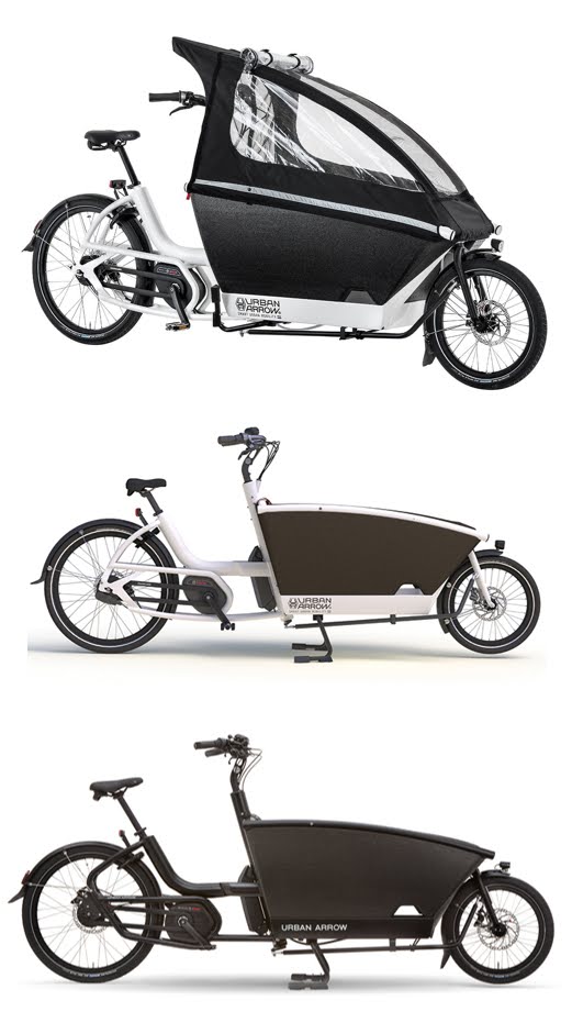 Three Urban Arrow Bakfiets bikes with and without the rain cover on.