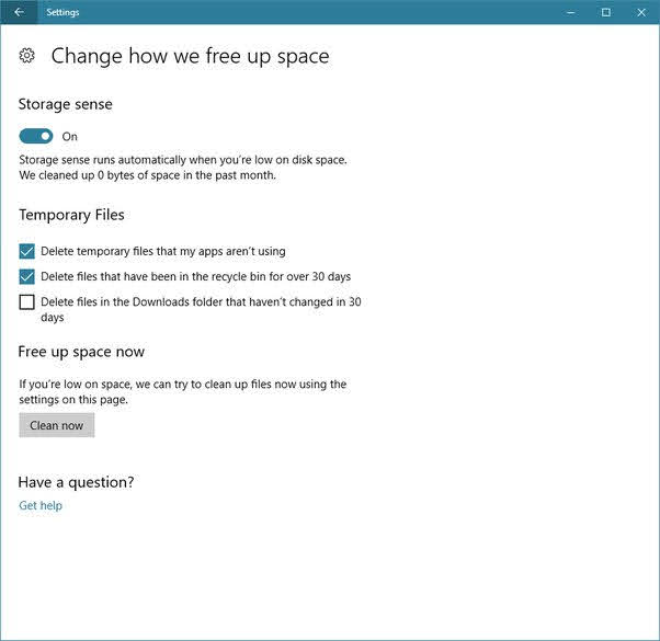 Click the Configure Storage Sense or run it now or Change how we free up space link to customize the settings.
