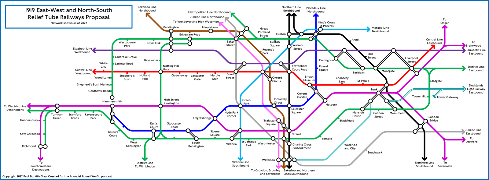 2022 tube map with Elizabeth line and 1919 proposals for East-West and North-South tube lines