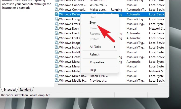 Right-click on the Windows Defender Antivirus Service. Click on the Stop option to stop the service.