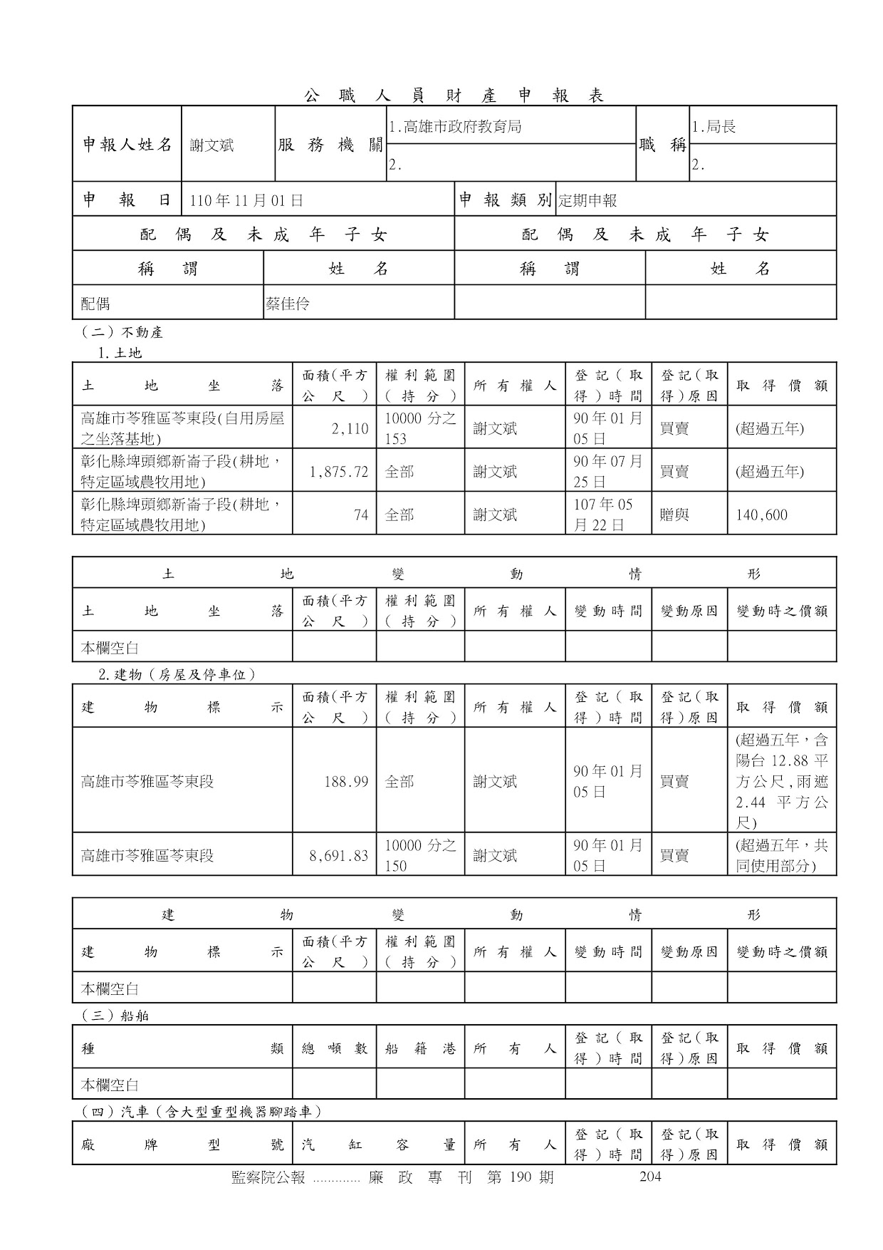 謝文斌-公職人員財產申報資料-廉政專刊第190期