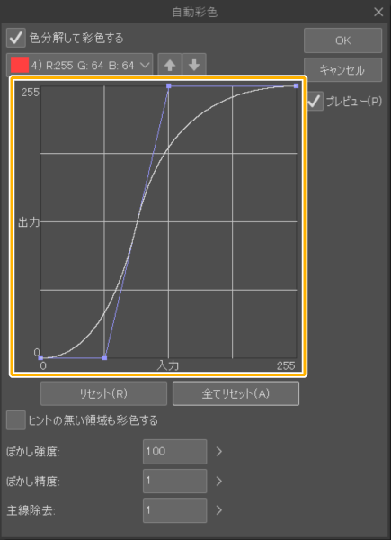 クリスタ自動彩色のトーンカーブ