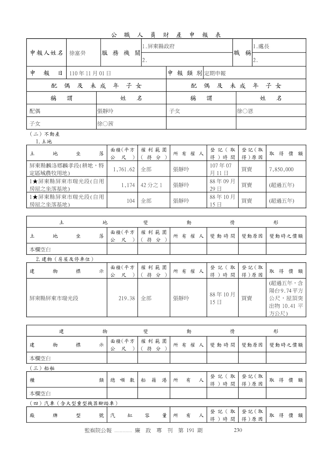 徐富癸-公職人員財產申報資料-廉政專刊第191期