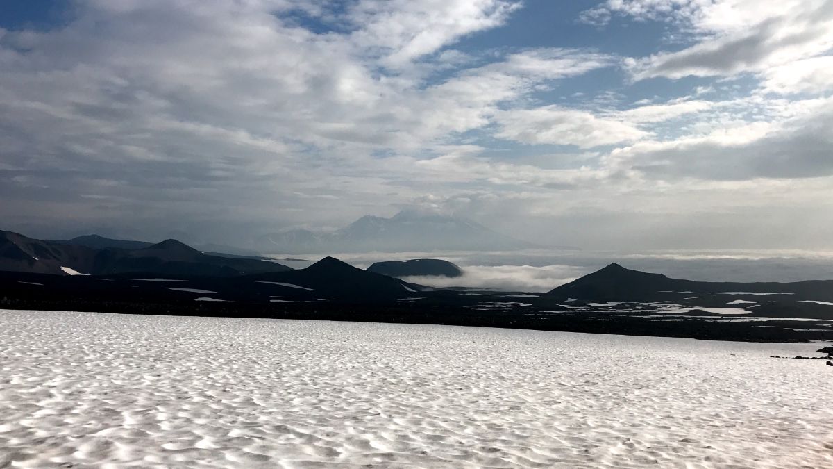 trekking nalychevo national park kamchatka Distant view of Zhupanovsky Volcano from koryaksky 