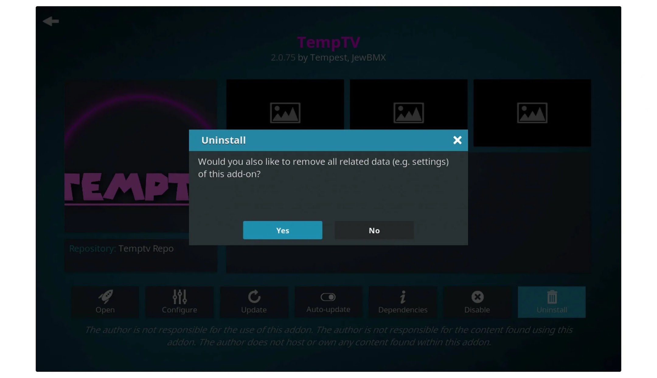 Click the Yes button to proceed to remove all related data of this add-on.