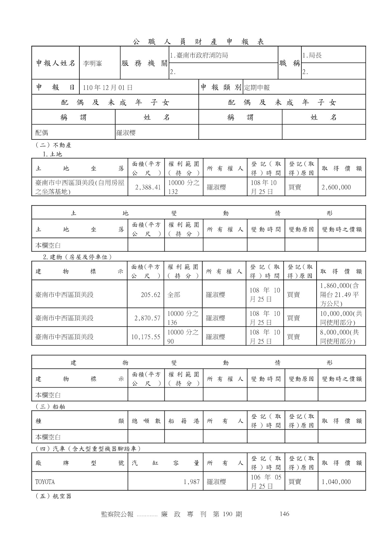 李明峯-公職人員財產申報資料-廉政專刊第190期