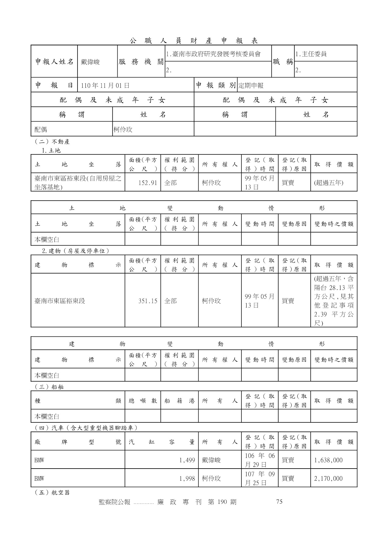 戴偉峻-公職人員財產申報資料-廉政專刊第190期