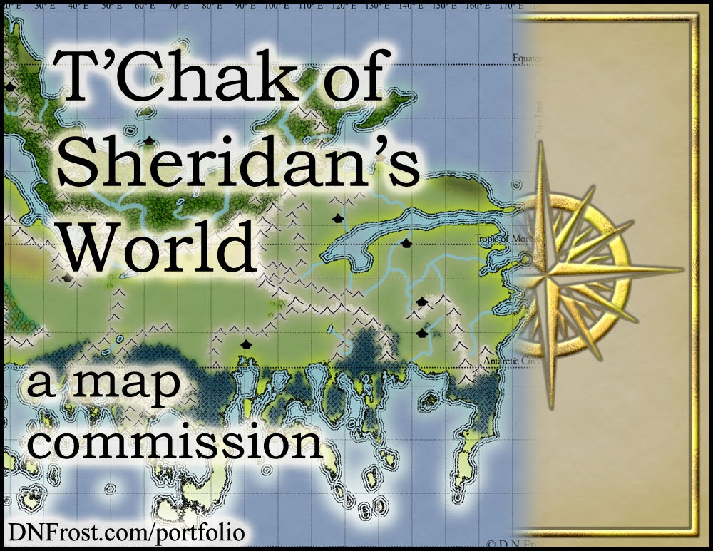 T'Chak of Sheridan's World: mapping a third continent for science-fiction writer Stephen Everett www.DNFrost.com/portfolio A map commission by D.N.Frost @DNFrost13 Part 1 of a series.