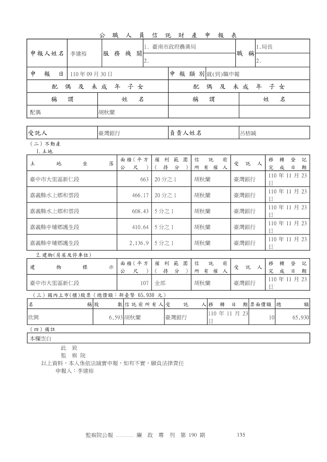 李建裕-公職人員財產申報資料-廉政專刊第190期