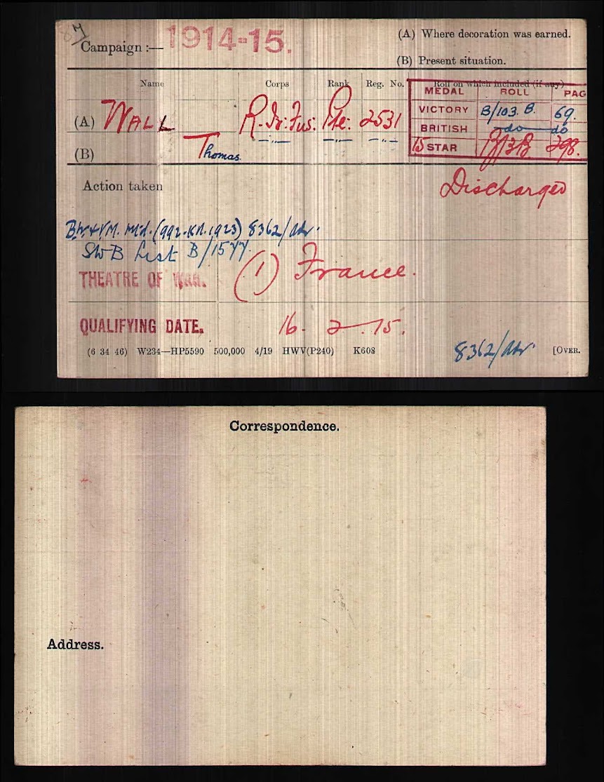 Thomas Wall Medal Index Card