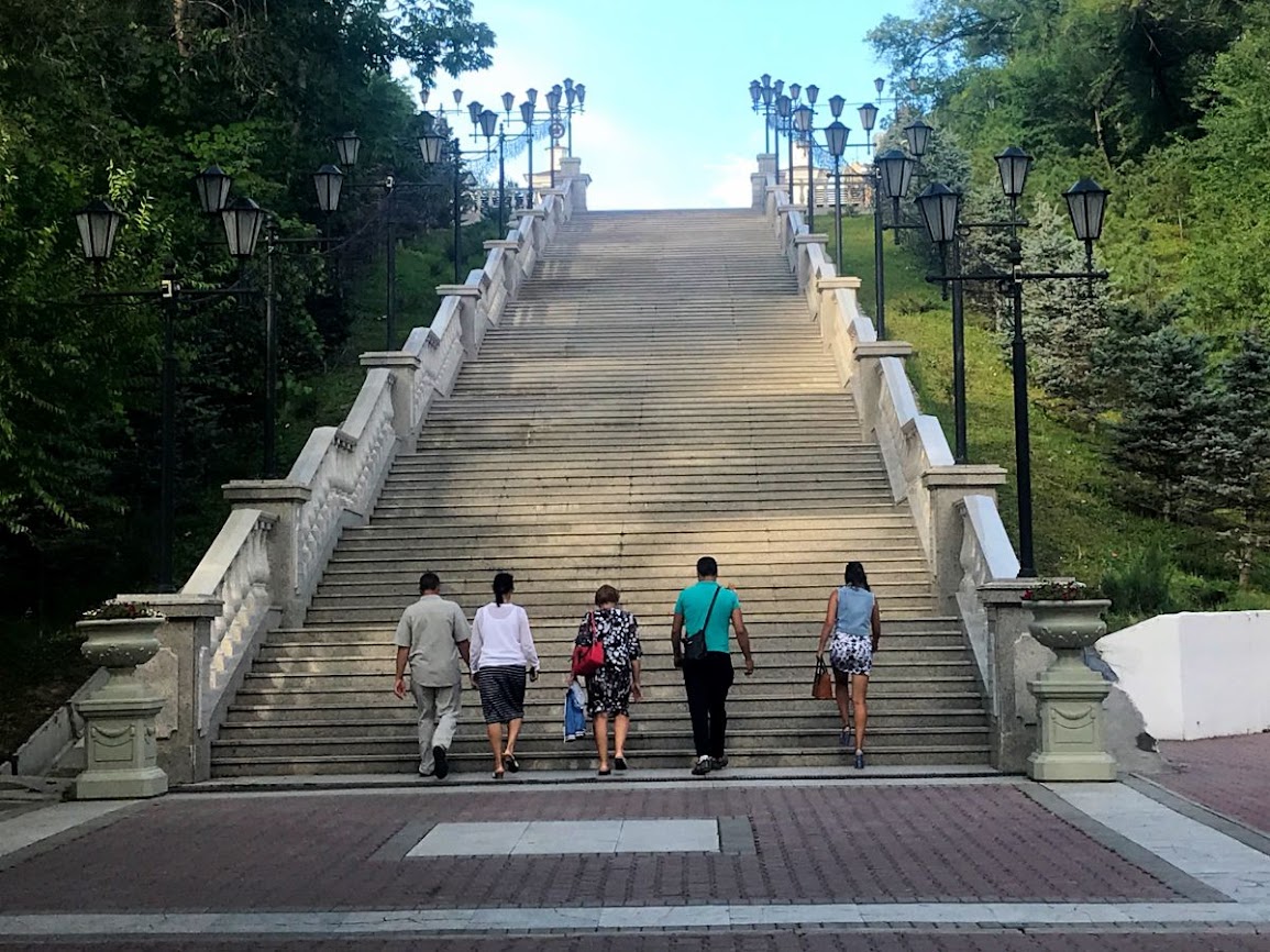 Stairs leading up to the city from the amur riverbank khabarovsk