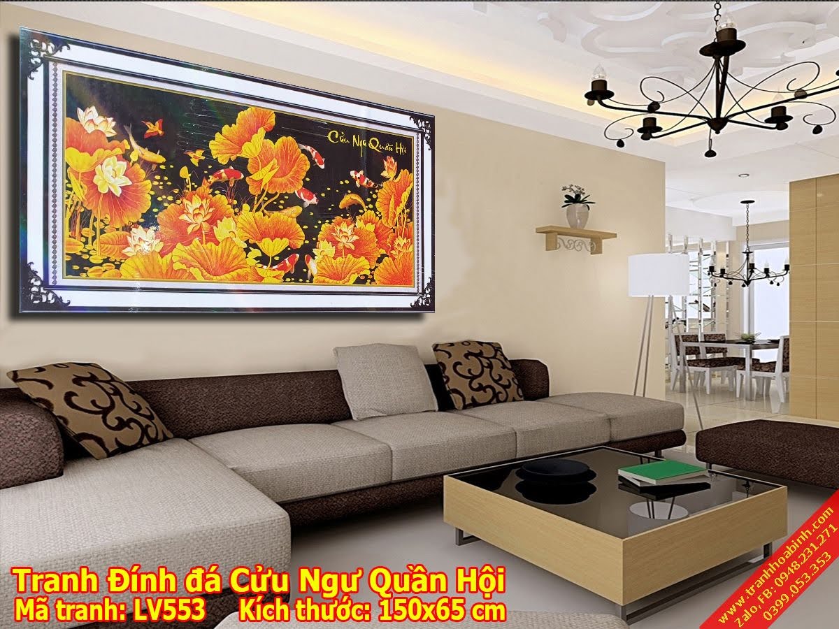 Tranh gắn đá Cửu Ngư đồ - Niên Niên Hữu Dư