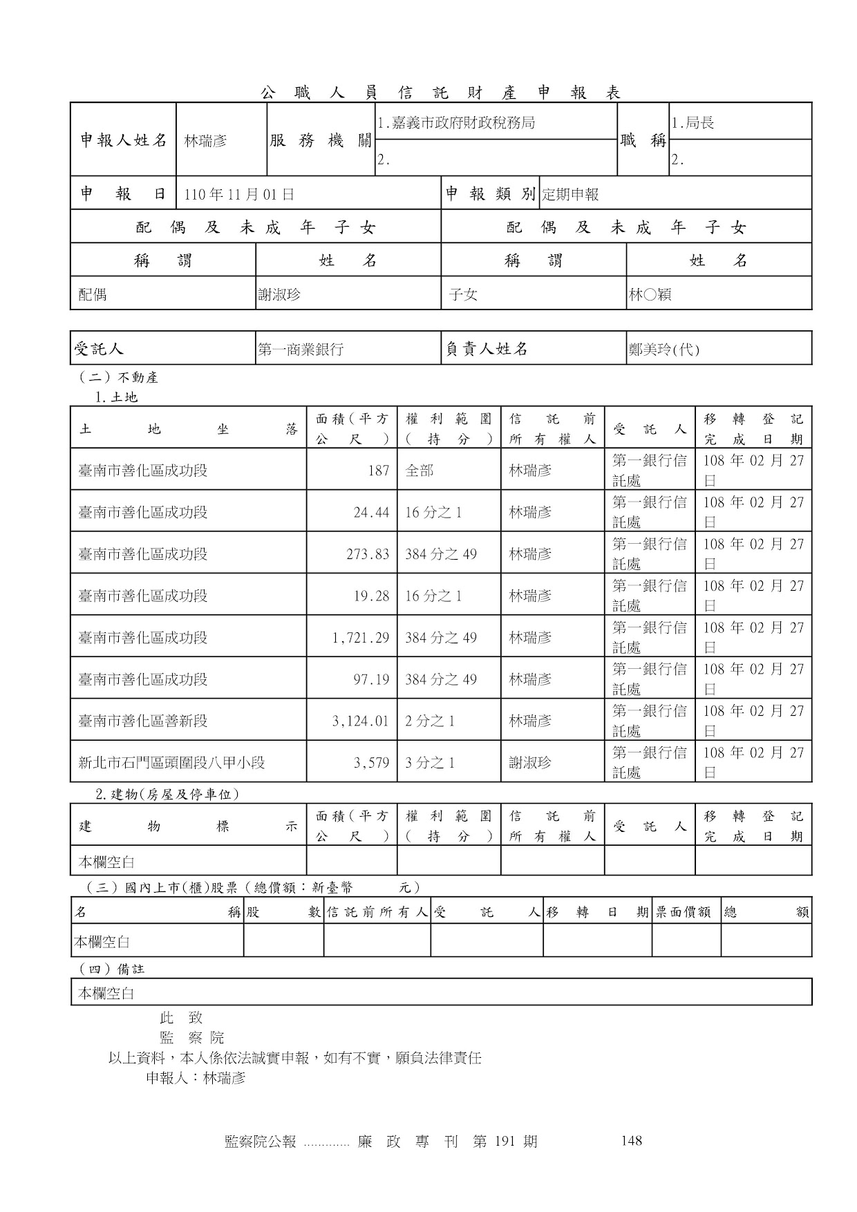 林瑞彥-公職人員財產申報資料-廉政專刊第191期