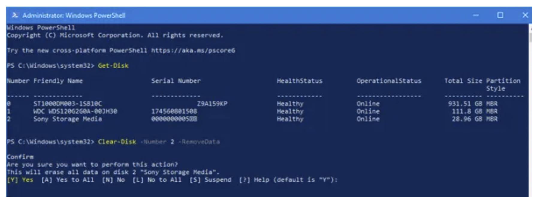 Enter the following command to format the external hard drive: Clear-Disk -Number 2 -RemoveData