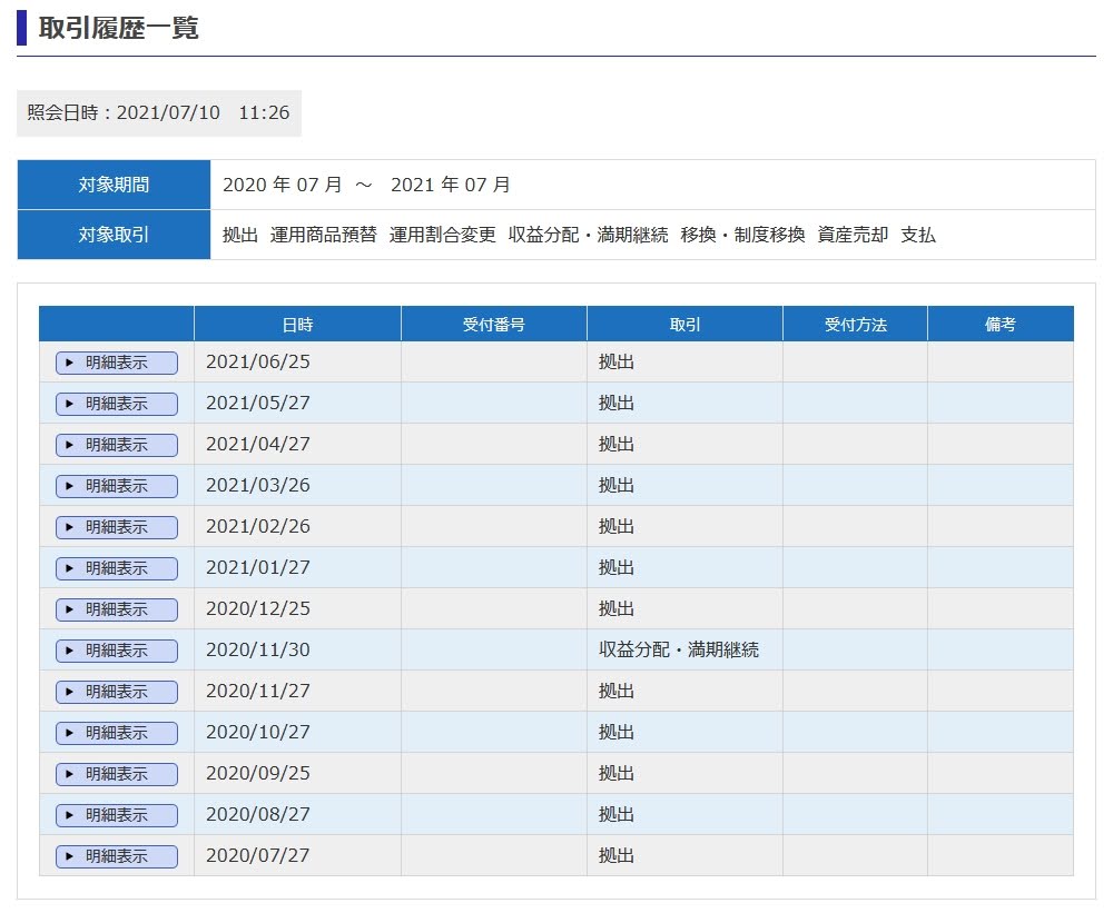 個人型確定拠出年金(iDeCo)の取引履歴の画面