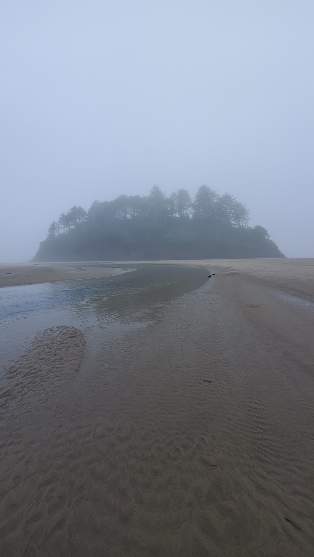 Proposal Rock and Neskowin Creek in the early foggy morning at Neskowin Beach