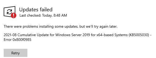 Solved: How do I fix Windows Server 2019 Cumulative Update failed with Error 0x800f0985
