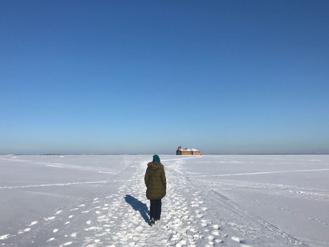 Walking on the frozen sea in kronstadt 