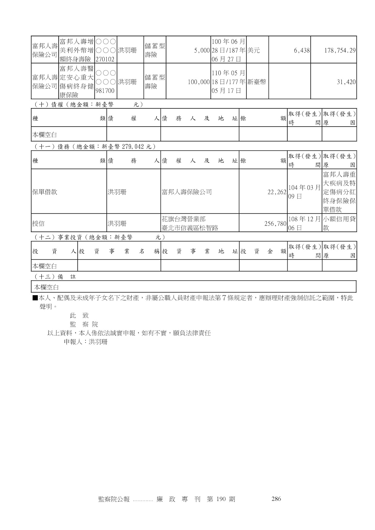 洪羽珊-公職人員財產申報資料-廉政專刊第190期