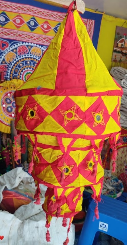 Handcrafted Handmade Cotton Foldable Fabric Lantern/Lamp Shade for Home Decoration 3 Step Yellow with Pink Color