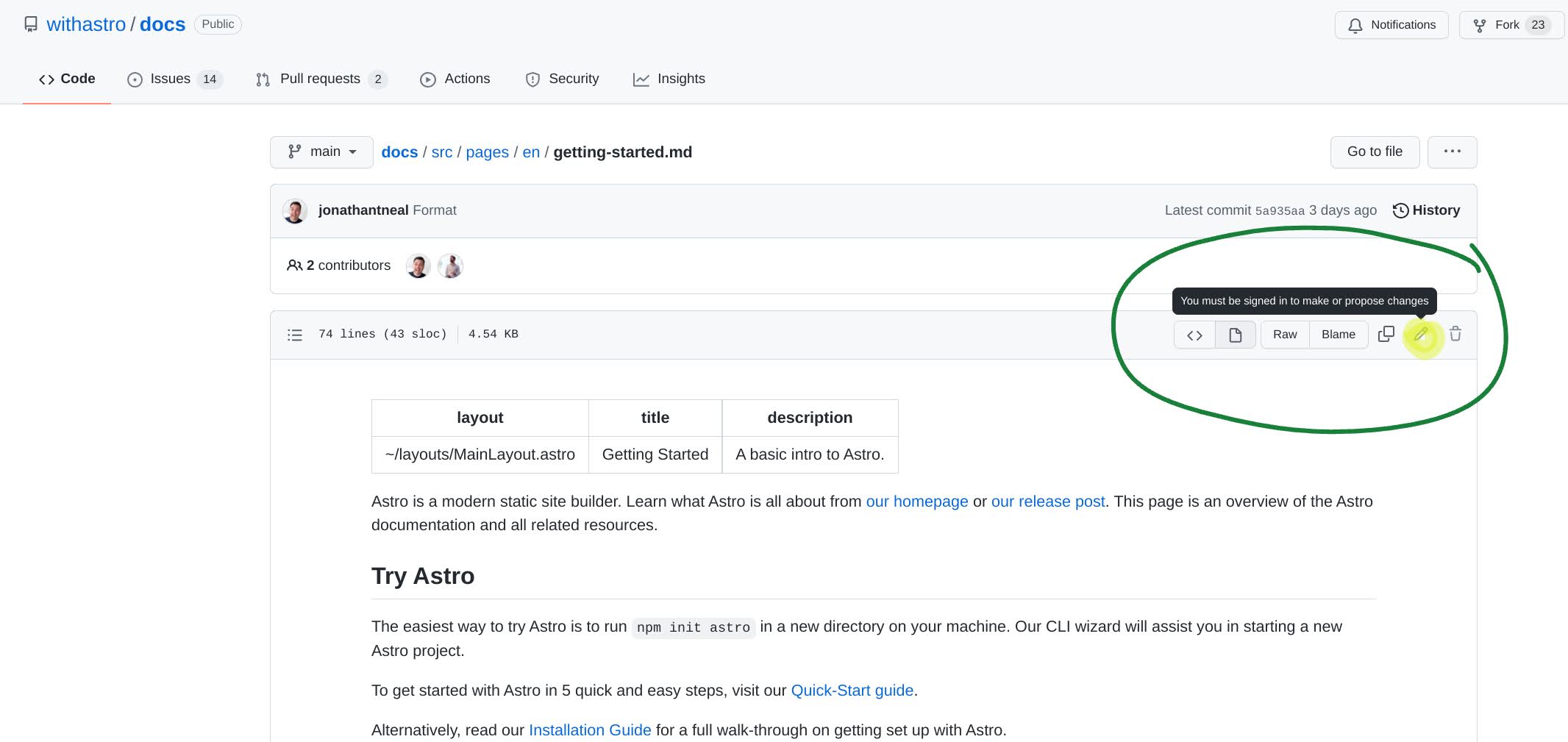 GitHub page, wit the pencil icon for editing the page highlighted, and hover text: You must be logged in to make or propose changes.